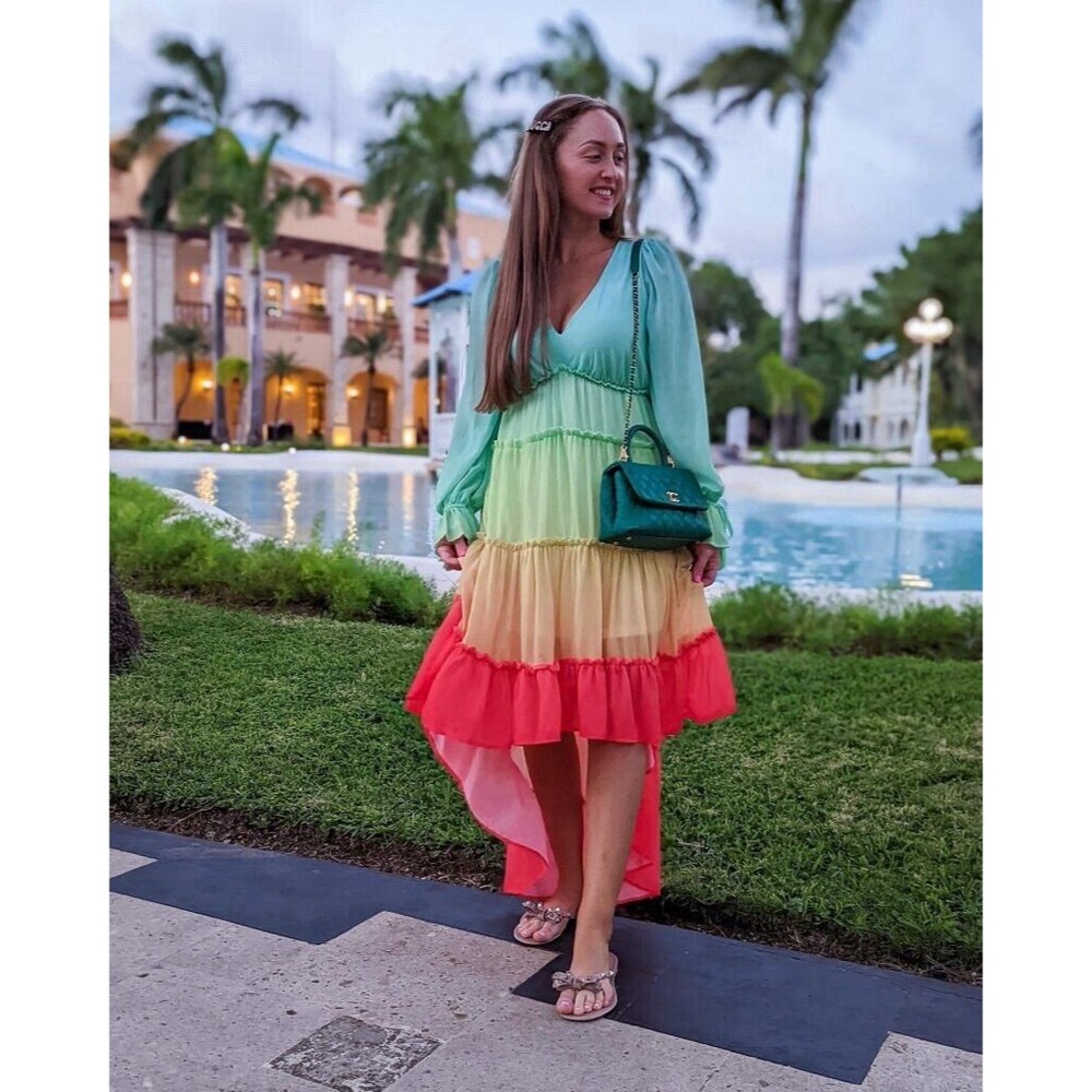 Rainbow Beach Women Size S Hi Lo Maxi Dress Bohemian Champagne & Strawberry Boho - Picture 13 of 14